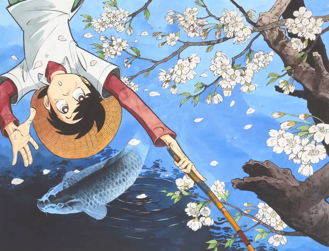 矢口高雄の絵画作品　タイトルは、釣りキチ三平生誕50周年記念〜桜吹雪の鯉〜